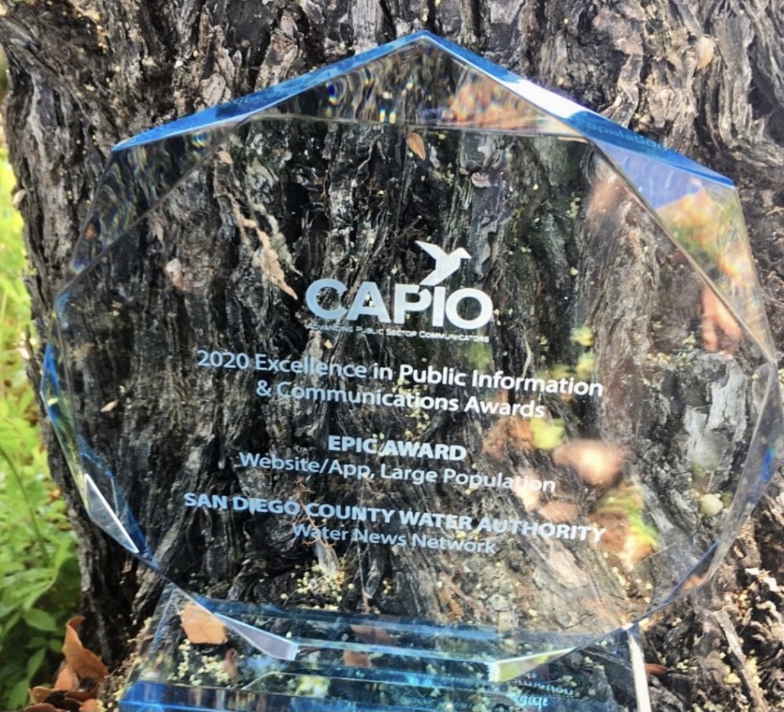 A clear glass award with the title &ldquo;2020 Excellence in Public Information and Communications Awards&rdquo;.